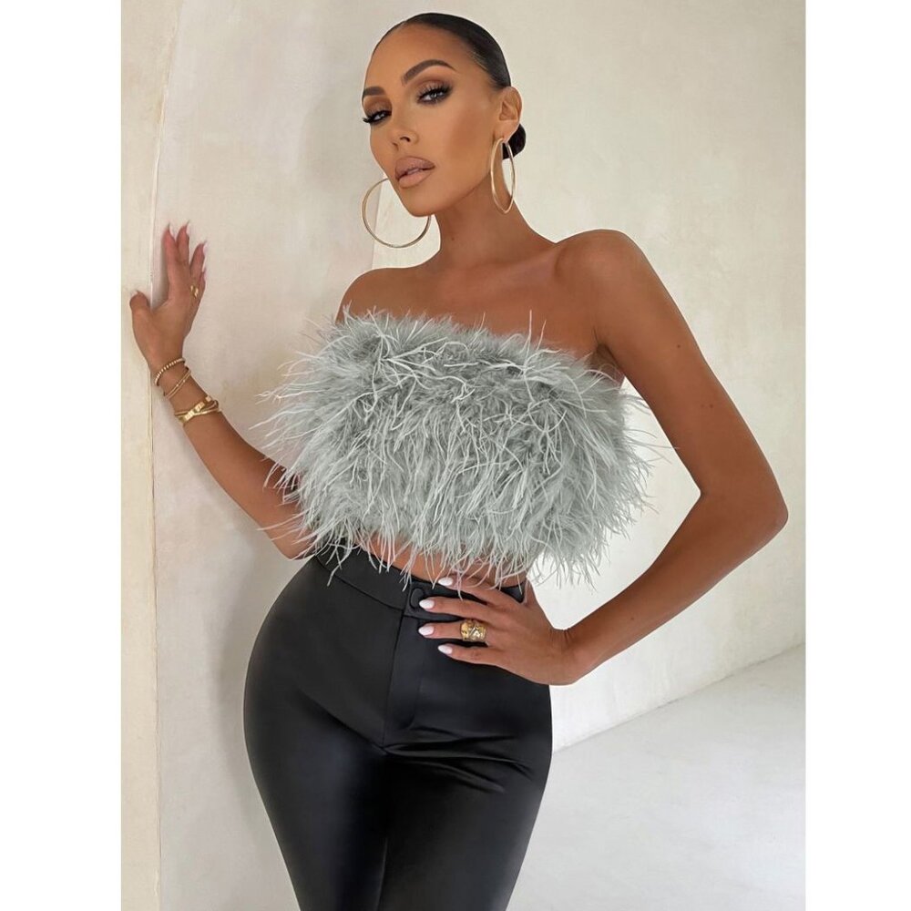 💥CHIC & SEXY💥ROARING 20's VIBE 100% OSTRICH FEATHER TOP in GRAY - Picture 2 of 11